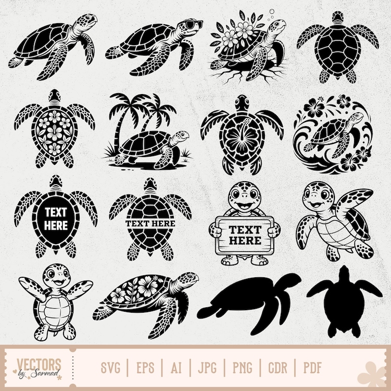 May include: A collection of black and white sea turtle illustrations in various poses and styles. Some turtles feature floral designs, while others have text areas. The image includes the text "TEXT HERE" and file type information.
