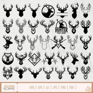 Puede incluir: Una colección de diseños de cabeza de ciervo en varios estilos, incluyendo siluetas, formas geométricas e ilustraciones detalladas. Algunos diseños incluyen el texto "HUNTER TEXT HERE". La imagen también incluye opciones de tipo de archivo: SVG, EPS, AI, JPG, PNG y PDF.
