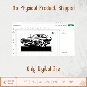 May include: Black and white digital graphic of a classic car with a mechanic kneeling beside it. The image is on a computer screen with the text "No Physical Product Shipped" and "Only Digital File".