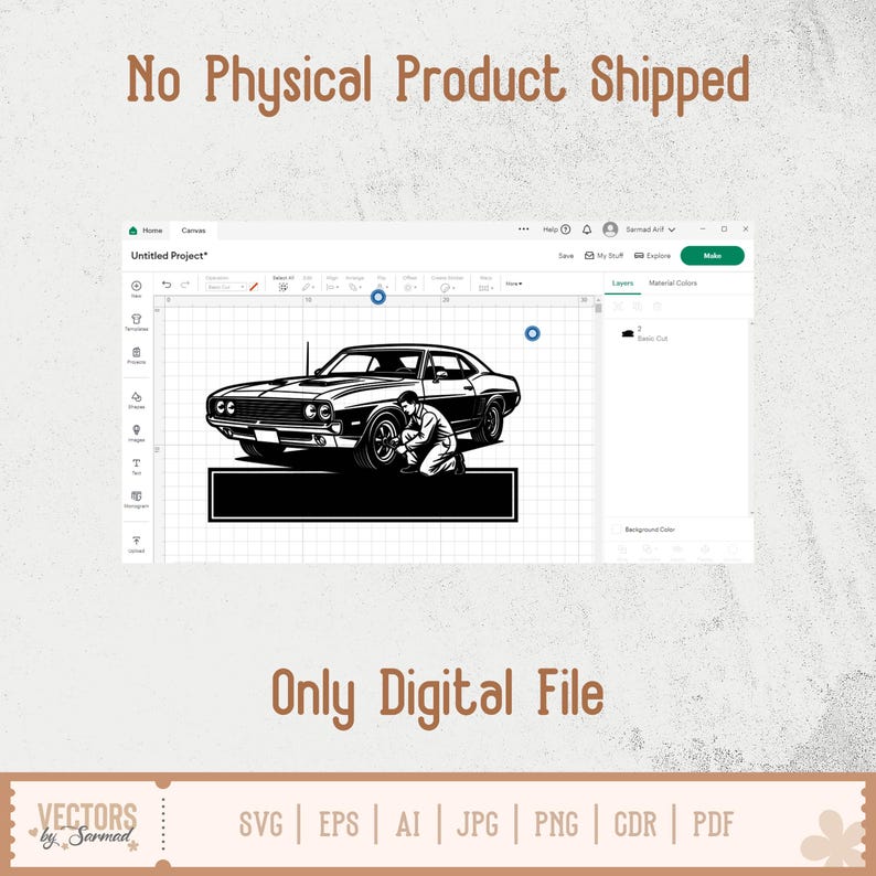May include: Black and white digital graphic of a classic car with a mechanic kneeling beside it. The image is on a computer screen with the text "No Physical Product Shipped" and "Only Digital File".