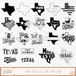 May include: A collection of black and white Texas-themed vector graphics. Designs include the Texas state outline, the word "Texas" in various fonts, and illustrations of a heart, star, flowers, and a longhorn. The image also includes the text "Made in Texas."