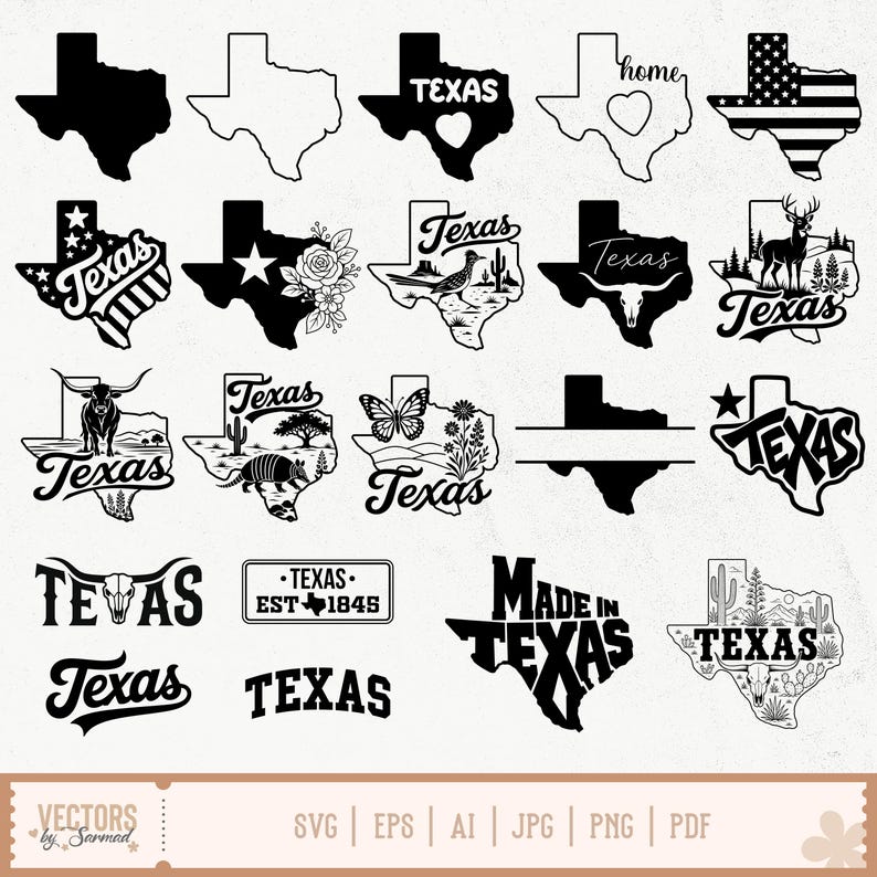 May include: A collection of black and white Texas-themed vector graphics. Designs include the Texas state outline, the word "Texas" in various fonts, and illustrations of a heart, star, flowers, and a longhorn. The image also includes the text "Made in Texas."