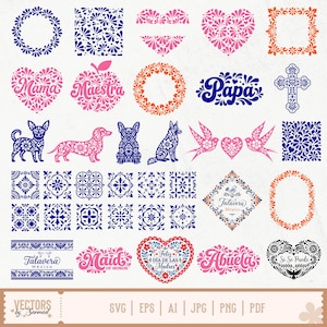 May include: A collection of vector graphics in blue, pink, and orange, featuring floral designs, hearts, dog silhouettes, and text elements like "Mama," "Papa," and "Feliz Día de las Madres." The image includes the words "Talavera Mexico" and "Maid of Honor."