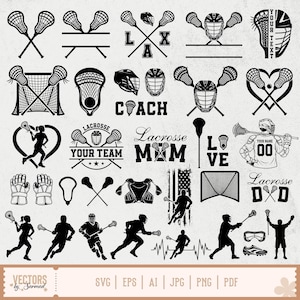 Puede incluir: Una colección de gráficos vectoriales en blanco y negro con temática de lacrosse. Los diseños incluyen palos de lacrosse, cascos, redes y siluetas de jugadores. Los elementos de texto incluyen "COACH", "Lacrosse MOM" y "YOUR TEAM".