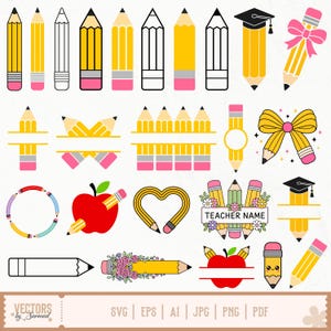 Könnte beinhalten: Eine Sammlung von gelben und schwarzen Bleistiftillustrationen, einige mit rosa Radiergummis, andere mit Abschlusskappen und Schleifen. Es gibt auch Apfel- und herzförmige Bleistiftdesigns und ein Banner mit der Aufschrift "Teacher Name".