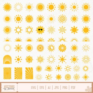 May include: A collection of yellow sun illustrations in various styles. The designs include suns with rays, circular suns, smiling suns, and suns with sunglasses. The image also includes the text "VECTORS by Sarmad" and file type options.