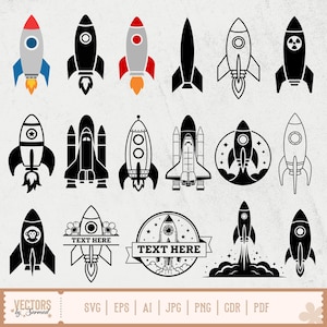 May include: A collection of vector rocket ship designs in various styles and colors, including black, gray, red, and blue. Some designs feature flames, while others have text areas. The image also includes file type information.