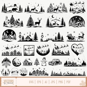 May include: A collection of black and white winter-themed vector illustrations featuring silhouettes of reindeer, snow-covered houses, pine trees, snowmen, Santa Claus in a sleigh, and snowy landscapes. The text at the bottom reads VECTORS by Sarmad SVG EPS AI JPG PNG PDF.