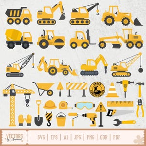 Puede incluir: Una colección de vehículos y herramientas de construcción amarillos, que incluyen camiones, excavadoras, grúas y una excavadora. También incluye una carretilla, un casco y el texto "UNDER CONSTRUCTION".