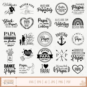 May include: A selection of black and white vector graphics with text, including phrases such as "Best Dad," "Happy Father's Day," and "I love Dad." The designs feature hearts, arrows, and illustrations of fathers and children. The bottom of the image shows file type options.