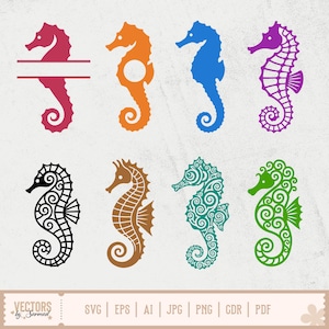 May include: A collection of eight seahorse designs in various colors and styles. The seahorses are in shades of red, orange, blue, purple, black, brown, teal, and green. The designs include solid colors and intricate patterns. The bottom of the image includes the text "VECTORS by Sarmad".