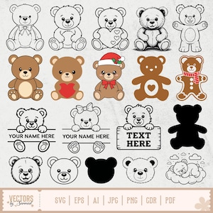May include: A collection of teddy bear illustrations in various styles, including line art, shaded, and solid black silhouettes. Some bears hold hearts, wear bows, or have text areas. The image includes the text "YOUR NAME HERE" and "TEXT HERE".