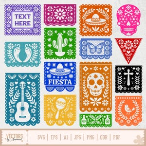 May include: A selection of vibrant papel picado banners with various designs. These include a sombrero, a sugar skull, a guitar, and a cactus, alongside the word "FIESTA". The banners are in a range of colours, such as purple, green, orange, and blue.