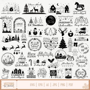 Puede incluir: Una colección de ilustraciones vectoriales en blanco y negro con temática navideña que incluye varios diseños como renos, muñecos de nieve, árboles de Navidad, casas, Santa Claus, cascanueces y frases festivas como Merry Christmas y Frohe Weihnachten.