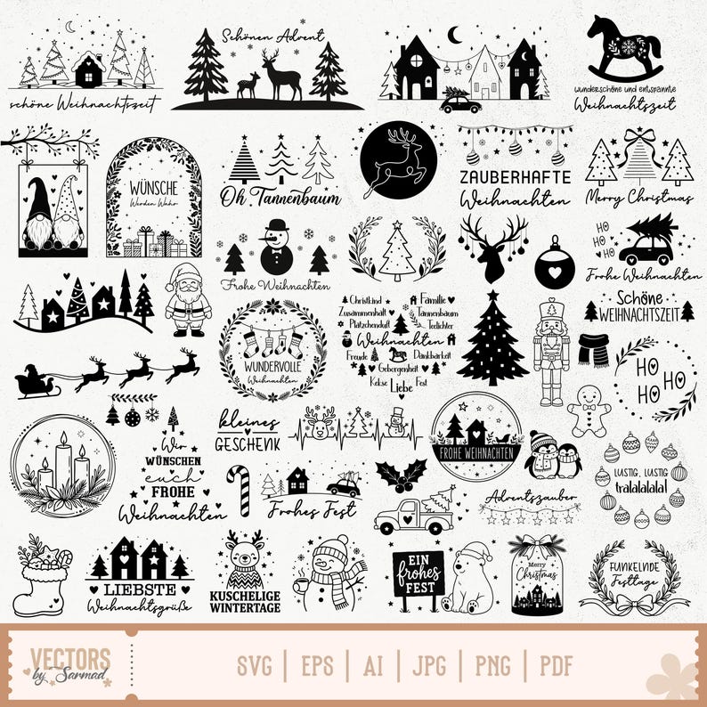 Puede incluir: Una colecci&oacute;n de ilustraciones vectoriales en blanco y negro con tem&aacute;tica navide&ntilde;a que incluye varios dise&ntilde;os como renos, mu&ntilde;ecos de nieve, &aacute;rboles de Navidad, casas, Santa Claus, cascanueces y frases festivas como Merry Christmas y Frohe Weihnachten.