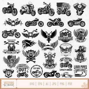 Op de afbeelding: Een verzameling zwart-wit vectorillustraties met motorfietsen, schedels, adelaarskoppen, vleugels en biker-emblemen. De ontwerpen bevatten teksten zoals CUSTOM BIKER-CLUB, LIVE FAST RIDE FREE, MY SQUAD DESERVE en LOUD PIPES SAVE LIVES.