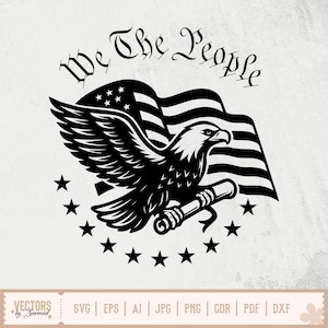 以下が含まれることがあります： 「We The People」という文字が書かれた巻物を抱えたハクトウワシの白黒のイラスト。ワシは爪にアメリカの国旗を持っている。