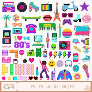 Puede incluir: Una colección de coloridas ilustraciones vectoriales con temática de los años 80 que incluye un radiocasete, patines, guitarra, máquina recreativa, ordenador, casete, teléfono de disco, teclado, consola, bola de discoteca y zapatillas.