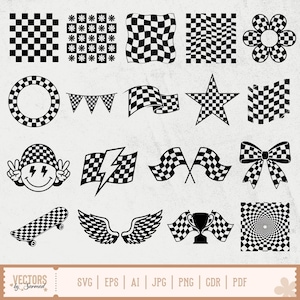 May include: A collection of black and white checkered designs, including squares, flags, stars, a flower, a bow, a skateboard, wings, and a trophy. The designs are in a vector format, suitable for various applications.