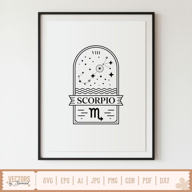 Op de afbeelding: Zwart ingelijste print met een Schorpioen sterrenbeeld ontwerp. Het kunstwerk bevat het woord "SCORPIO" en het astrologische symbool, samen met een sterrenbeeld illustratie. Het ontwerp is in zwart en wit.