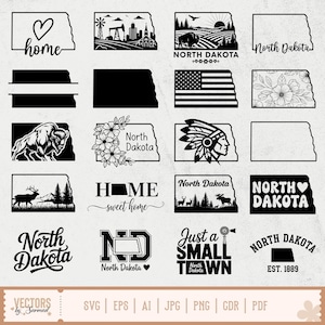May include: A collection of black and white North Dakota-themed designs. The designs include the state outline with text like "home," "North Dakota," and "Just a Small Town." Other designs feature a heart, a bison, and an American flag.