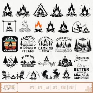 May include: A collection of black and white campfire-themed vector graphics. Designs include campfires, text like "Campfire," "Bonfire Night," and illustrations of bears, trees, and camping scenes. Formats include SVG, EPS, AI, JPG, PNG, and PDF.