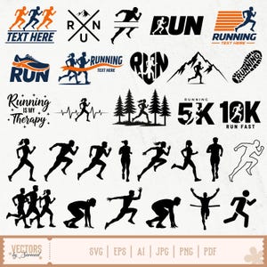 Puede incluir: Una colección de gráficos vectoriales con temática de running en negro y naranja. Los diseños incluyen siluetas de corredores, texto que dice "RUN", "Running is my Therapy" y "5K 10K Run Fast". La imagen también incluye iconos de tipo de archivo.