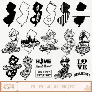 Peut inclure: Plusieurs motifs en noir et blanc représentant les contours de l'État du New Jersey. Certains motifs incluent du texte tel que "Jersey New", "Home" et "New Jersey". D'autres présentent un cœur, des étoiles, des fleurs et un cheval.