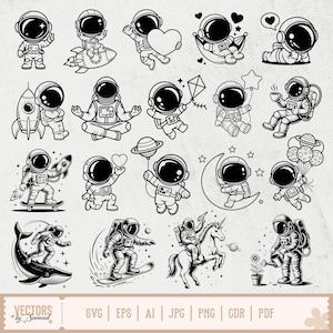 May include: A collection of black and white astronaut illustrations in various poses, including riding a rocket, holding a heart, and meditating. The image includes the text "VECTORS by Sarmad" and file type options.