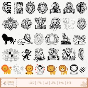 May include: A collection of black and white lion illustrations, including detailed lion heads, full-body lions, crests, and cartoon-style lions. The set features various poses, some with crowns, text reading LIONS, and a set of colourful cartoon lions.