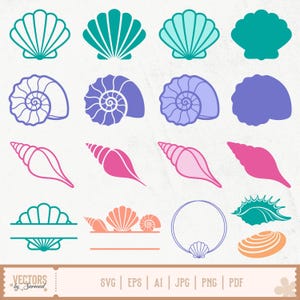 Puede incluir: Una colección de diseños de conchas marinas en varios colores, incluyendo turquesa, morado, rosa y naranja. La imagen presenta diferentes formas de conchas, como vieiras, espirales y caracolas. La parte inferior de la imagen incluye el texto "Vectors by Sarmad" y opciones de tipo de archivo.