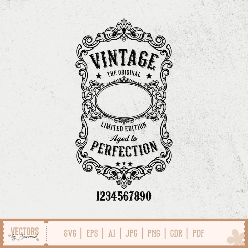 Pu&ograve; includere: Design di etichetta vintage in bianco e nero con decorazioni a volute. Il testo include "VINTAGE THE ORIGINAL", "LIMITED EDITION Aged to PERFECTION" e i numeri "1234567890". Adatto a varie applicazioni.
