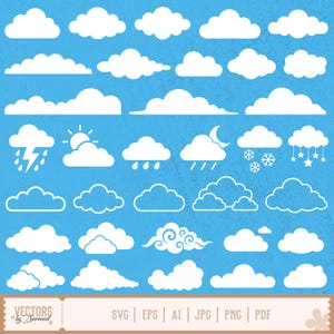 Puede incluir: Una colección de iconos de nubes blancas sobre un fondo azul, con diversas formas y símbolos meteorológicos que incluyen lluvia, rayos, nieve, estrellas y una luna creciente. La franja inferior muestra el texto VECTORS by Sarmad SVG EPS AI JPG PNG PDF.