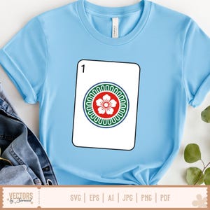 May include: Light blue t-shirt featuring a graphic of a playing card with the number 1. The card has a white background with a red and green floral design. The shirt also has the text "VECTORS by Sarmad" and file type icons.