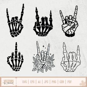 May include: A collection of six black and white illustrations of skeleton hands making various hand gestures. The gestures include the 'rock on' sign, the middle finger, and a hand holding a folded paper. The bottom of the image includes the text "VECTORS by Sarmad".