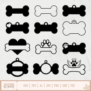 Può includere: Una collezione di design a forma di osso per cani in bianco e nero. Alcune ossa presentano dettagli a forma di cuore, impronta di zampa e cerchio. La parte inferiore dell'immagine presenta il testo "VECTORS by Sarmad" e le opzioni di tipo di file: SVG, EPS, AI, JPG, PNG, CDR, PDF.