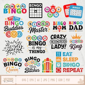 May include: A selection of bingo-themed designs featuring bingo balls, cards, and phrases such as "Bingo Master" and "Bingo Queen." The graphics are in a variety of colours, including red, blue, green, and yellow. Ideal for bingo enthusiasts.