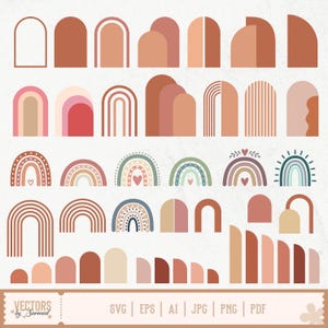 Puede incluir: Una colección de gráficos vectoriales con formas de arco y diseños de arcoíris en varios colores, incluyendo terracota, rosa y beige. La imagen incluye el texto "VECTORS by Sarmad" y opciones de tipo de archivo: SVG, EPS, AI, JPG, PNG y PDF.