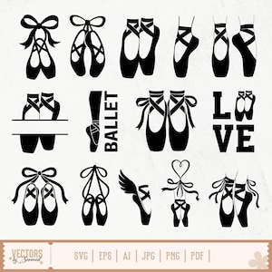 Puede incluir: Ilustraciones de zapatillas de ballet negras en varios estilos, incluyendo pares con lazos, un zapato individual con un ala y la palabra "BALLET". También se muestra la palabra "LOVE".