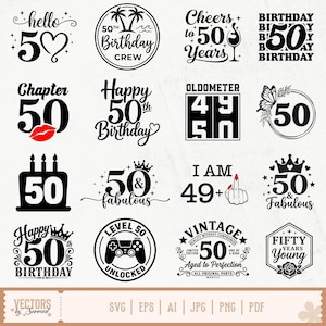 Puede incluir: Una colección de diseños gráficos en blanco y negro con el número 50, para celebrar un 50 cumpleaños. Los diseños incluyen textos como "Happy 50th Birthday", "50 & Fabulous" y "Level 50 Unlocked". La imagen también incluye el texto "Vectors by Sarmad".