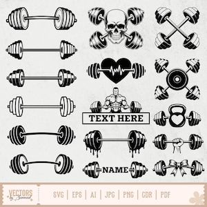 May include: Black and white vector illustrations of barbells, dumbbells, and a kettlebell. Designs include a skull, a heart with a heartbeat, and a muscular person lifting a barbell. Text reads "TEXT HERE" and "NAME".