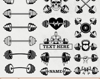 May include: Black and white vector illustrations of barbells, dumbbells, and a kettlebell. Designs include a skull, a heart with a heartbeat, and a muscular person lifting a barbell. Text reads "TEXT HERE" and "NAME".