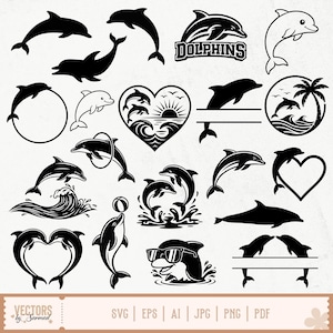 May include: A selection of black and white dolphin designs. The image includes dolphins leaping, in heart shapes, and one wearing sunglasses. The word "Dolphins" is also present in the image.