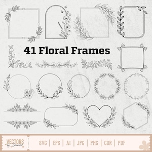 May include: A collection of 41 floral frames in various shapes, including squares, circles, and hearts, with delicate leaf and flower designs. The text "41 Floral Frames" is prominently displayed. The image also includes file format options: SVG, EPS, AI, JPG, PNG, CDR, and PDF.