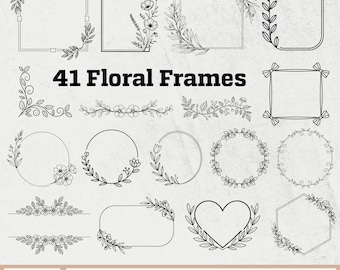 May include: A collection of 41 floral frames in various shapes, including squares, circles, and hearts, with delicate leaf and flower designs. The text "41 Floral Frames" is prominently displayed. The image also includes file format options: SVG, EPS, AI, JPG, PNG, CDR, and PDF.