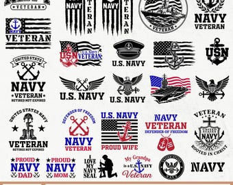 May include: A collection of navy-themed vector graphics. Designs include anchors, flags, eagles, and text such as "Navy Veteran," "U.S. Navy," and "Proud Wife." The graphics are in black and white, suitable for various applications.
