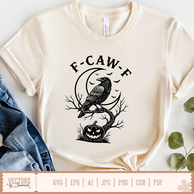 May include: Cream-colored t-shirt featuring a black graphic of a raven perched on a tree branch, with a crescent moon and bats. The text "F-CAW-F" is arched above the raven. The bottom of the shirt has the text "VECTORS by Sarmad" and file type options.