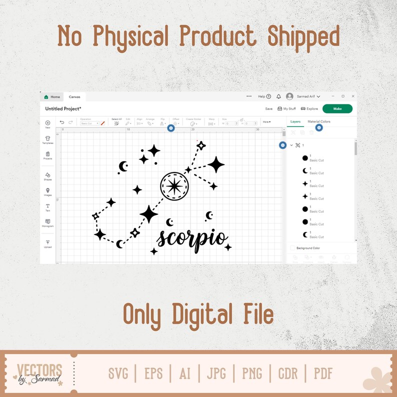 Op de afbeelding: Een computerscherm toont een zwart-wit ontwerp van het sterrenbeeld Schorpioen. De teksten "No Physical Product Shipped" en "Only Digital File" zijn zichtbaar. Bestandstypen zijn onder meer SVG, EPS, AI, JPG, PNG, CDR en PDF.