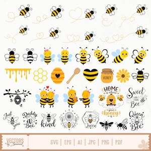 May include: A collection of vector illustrations featuring bees, honeycombs, and related elements. Includes various bee designs, honey drips, a honeycomb, a honey dipper, and text graphics like "Sweet as can Bee" and "Home is where your honey is".