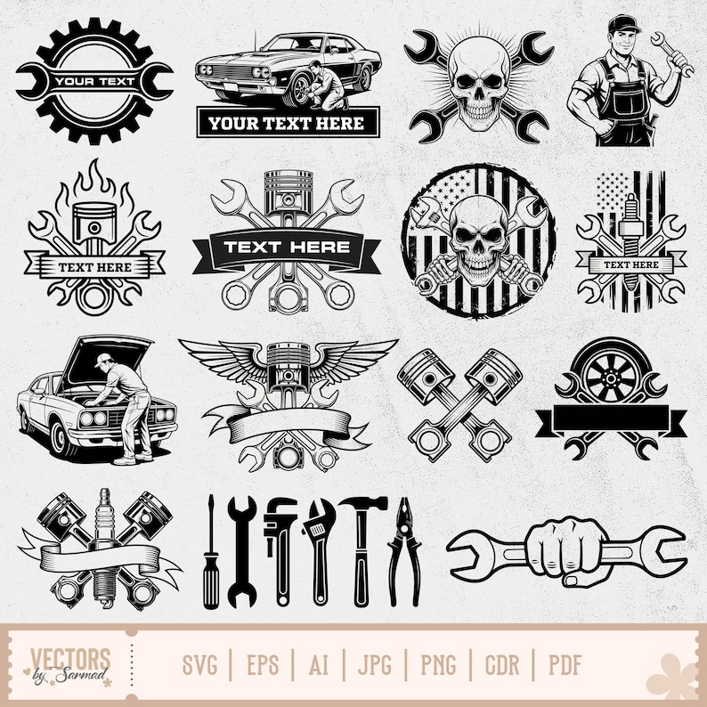 May include: A collection of black and white mechanic-themed vector graphics. The designs include wrenches, pistons, skulls, cars, and a mechanic. Some designs have text areas for customization. The bottom of the image displays file type options.